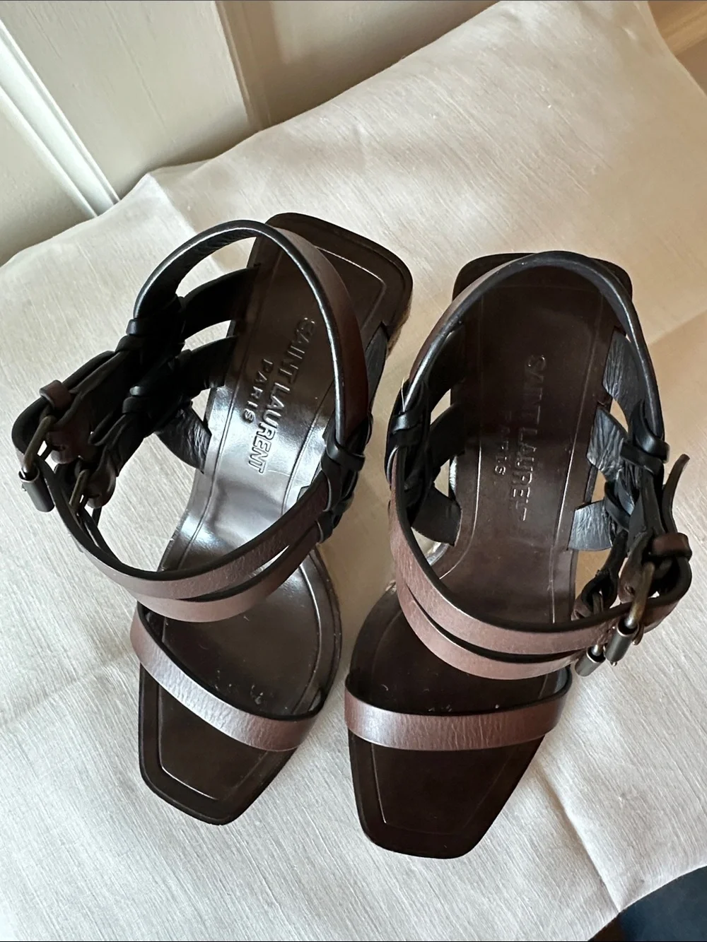 Saint Laurent Brown Leather Wedge Sandals with Espadrille Heel